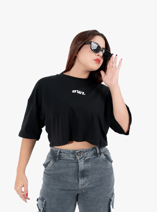 BLUSA CROP OWL clasica Negra  DAMA